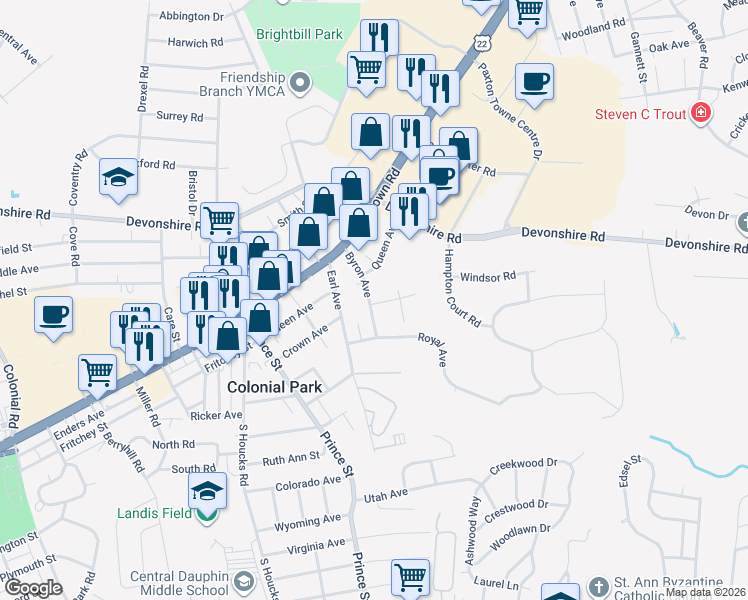 map of restaurants, bars, coffee shops, grocery stores, and more near 204 Byron Avenue in Harrisburg