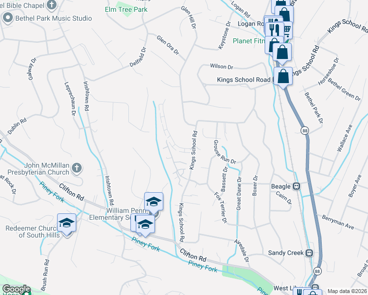 map of restaurants, bars, coffee shops, grocery stores, and more near 120 Old Village Lane in Bethel Park