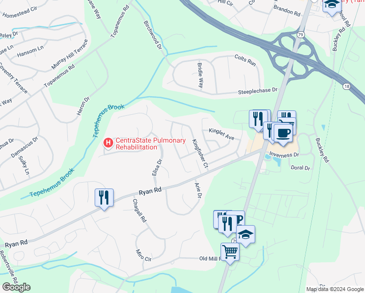 map of restaurants, bars, coffee shops, grocery stores, and more near 12 Warbler Rd in Marlboro