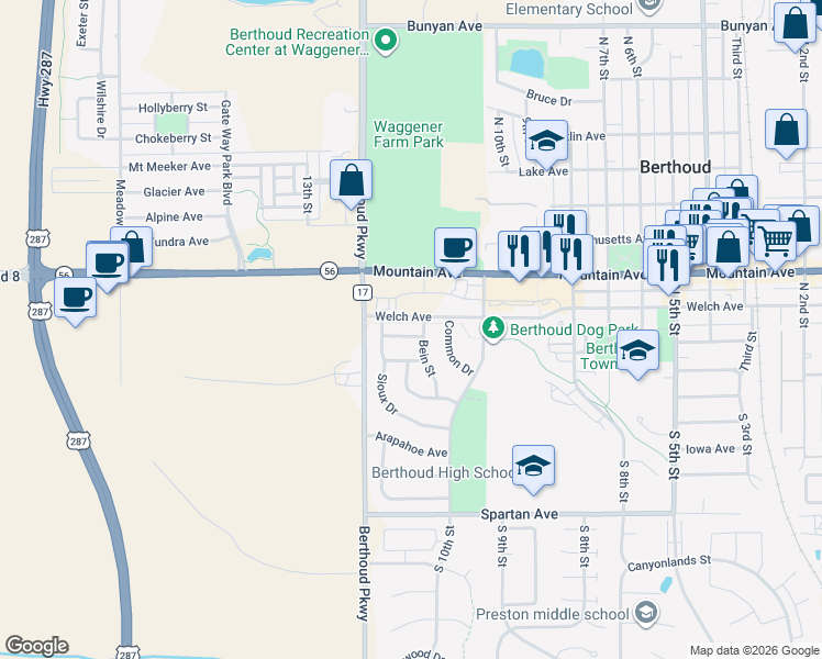 map of restaurants, bars, coffee shops, grocery stores, and more near 1110 Madison Avenue in Berthoud
