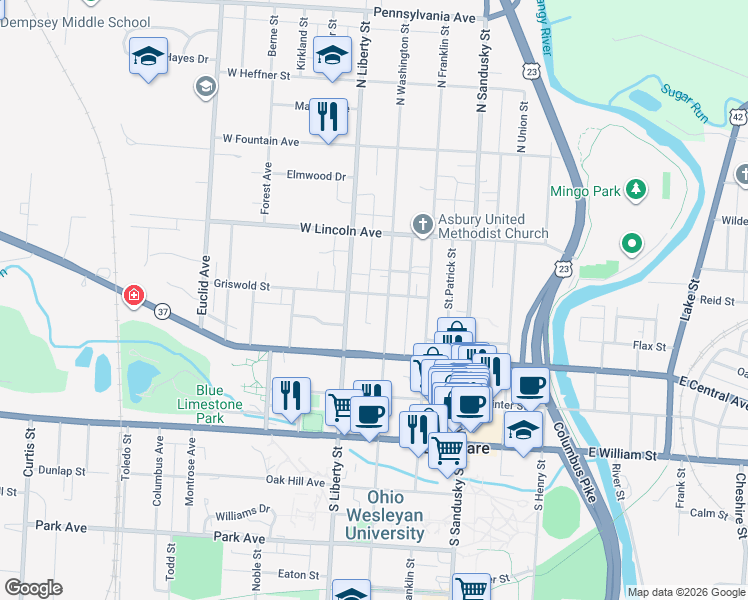 map of restaurants, bars, coffee shops, grocery stores, and more near 53 Griswold Street in Delaware