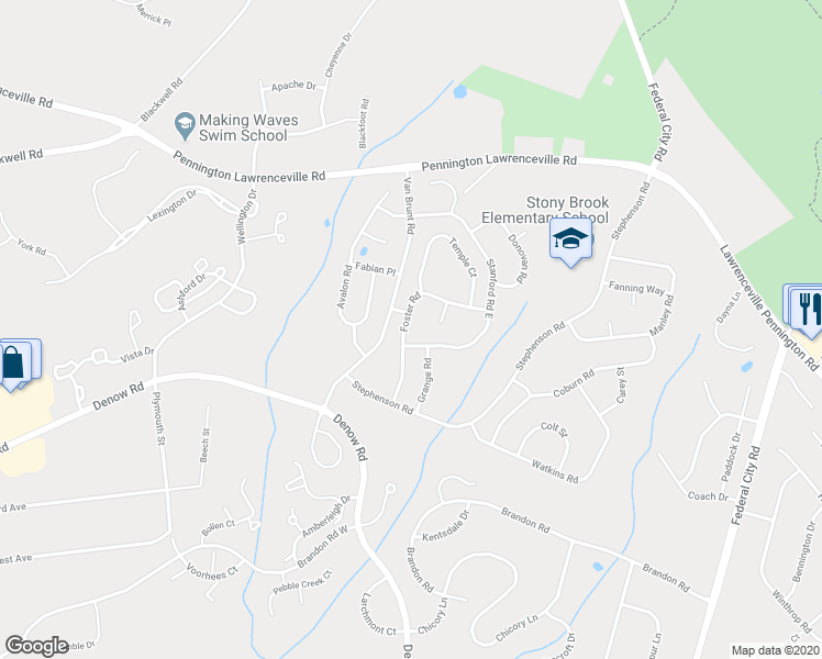 map of restaurants, bars, coffee shops, grocery stores, and more near 25 Foster Road in Pennington