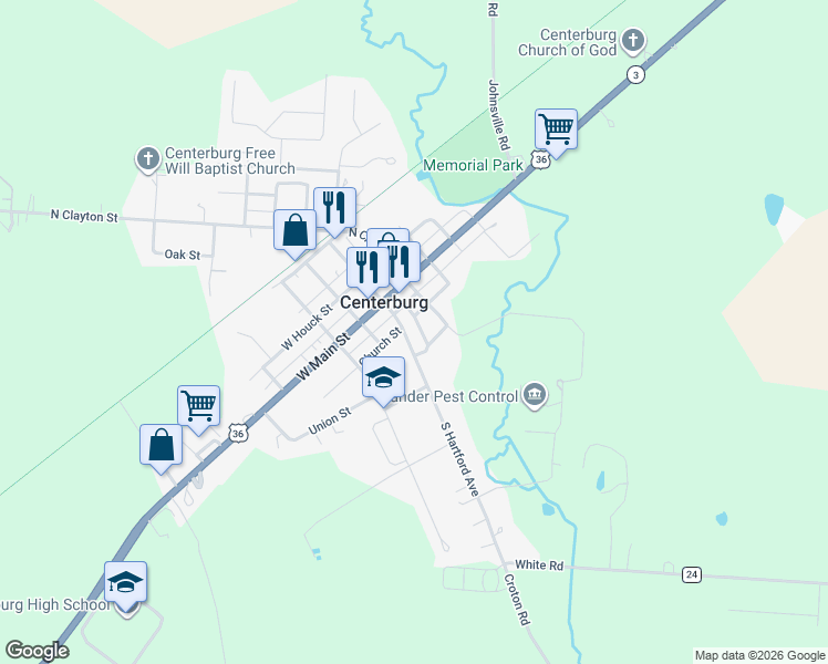 map of restaurants, bars, coffee shops, grocery stores, and more near 62 South Hartford Avenue in Centerburg