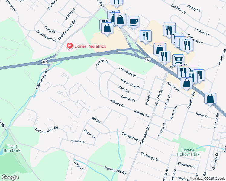 map of restaurants, bars, coffee shops, grocery stores, and more near 4453 Delmar Drive in Reading