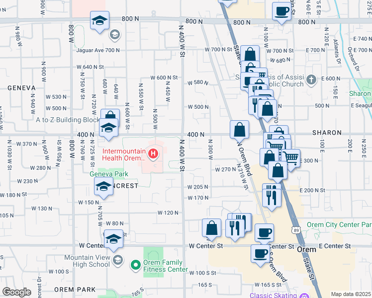 map of restaurants, bars, coffee shops, grocery stores, and more near 346 400 North in Orem