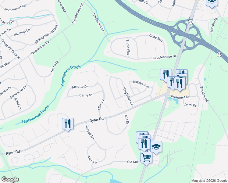 map of restaurants, bars, coffee shops, grocery stores, and more near 12 Warbler Road in Marlboro