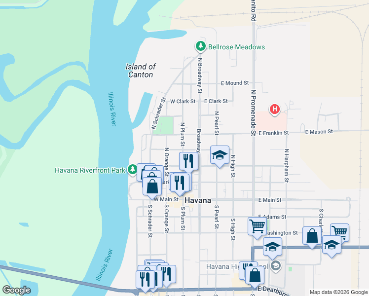 map of restaurants, bars, coffee shops, grocery stores, and more near 402 North Plum Street in Havana