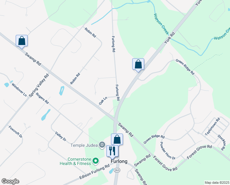 map of restaurants, bars, coffee shops, grocery stores, and more near 3684 Oak Lane in Furlong