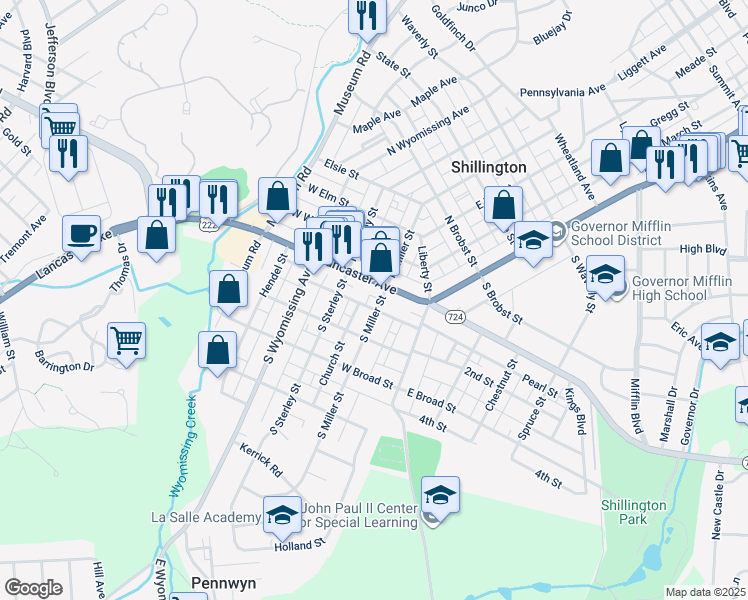 map of restaurants, bars, coffee shops, grocery stores, and more near 22 South Miller Street in Shillington