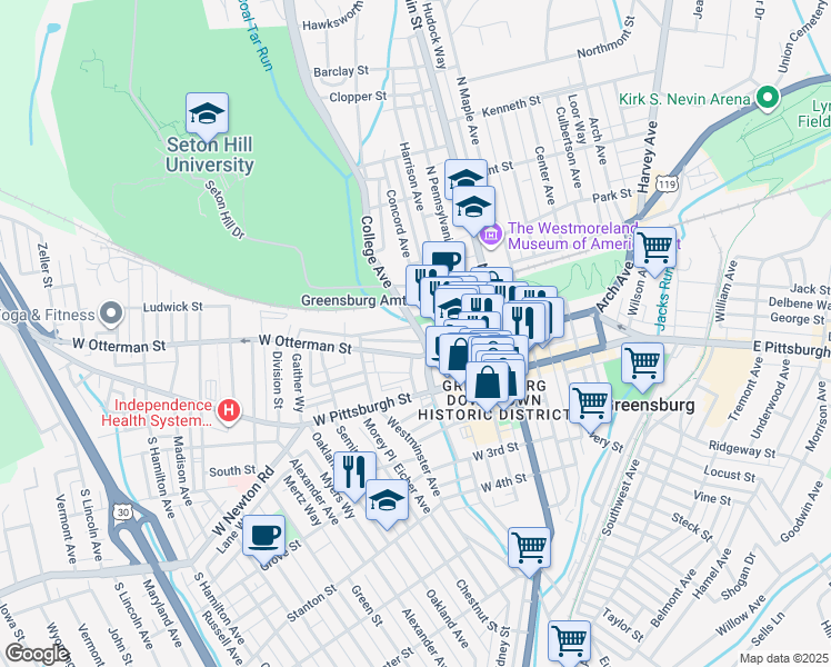 map of restaurants, bars, coffee shops, grocery stores, and more near 118 College Avenue in Greensburg