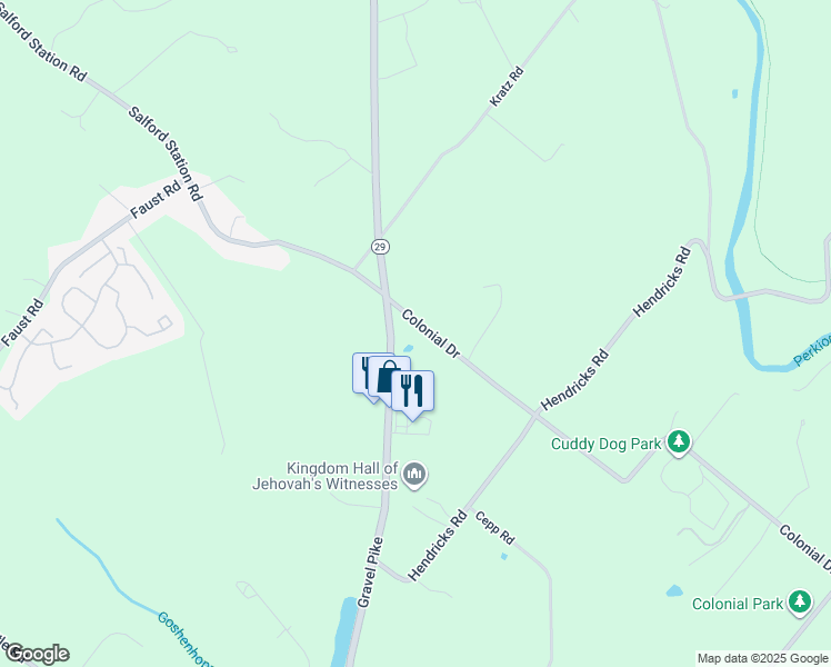 map of restaurants, bars, coffee shops, grocery stores, and more near 222 Colonial Drive in Perkiomenville