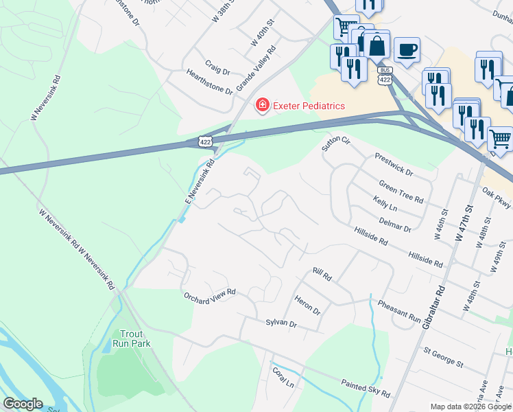 map of restaurants, bars, coffee shops, grocery stores, and more near 30-1 Wister Way in Reading