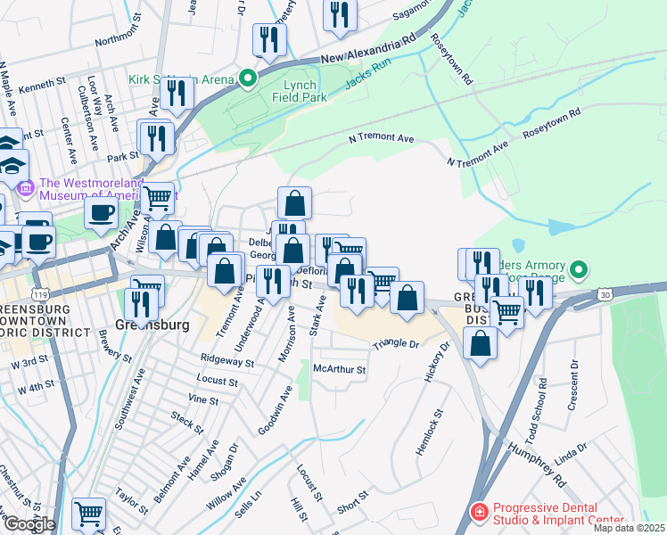 map of restaurants, bars, coffee shops, grocery stores, and more near 644 George Street in Greensburg