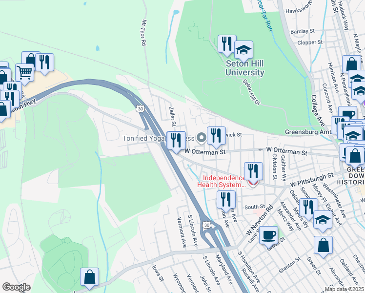 map of restaurants, bars, coffee shops, grocery stores, and more near 769 West Otterman Street in Greensburg