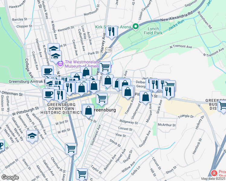 map of restaurants, bars, coffee shops, grocery stores, and more near 305 E Pittsburgh St in Greensburg