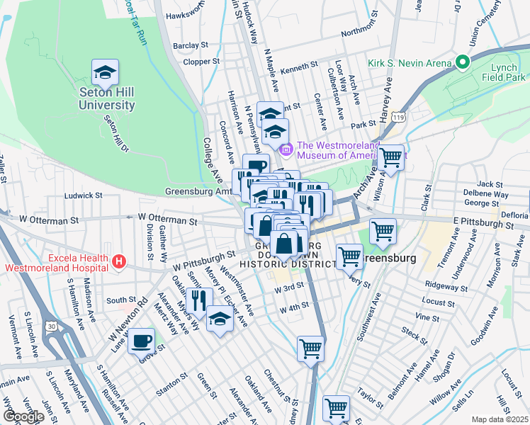 map of restaurants, bars, coffee shops, grocery stores, and more near 105 Harrison Avenue in Greensburg
