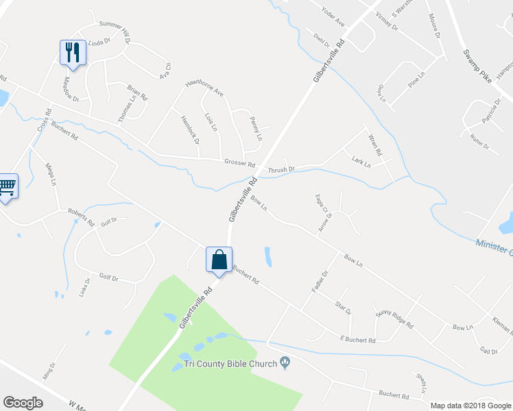 map of restaurants, bars, coffee shops, grocery stores, and more near 310 Bow Lane in Gilbertsville