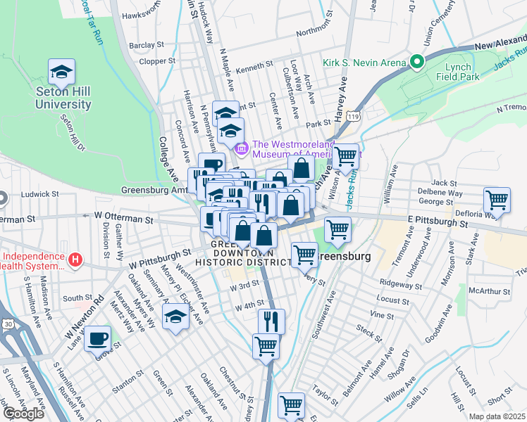 map of restaurants, bars, coffee shops, grocery stores, and more near 24 East Otterman Street in Greensburg