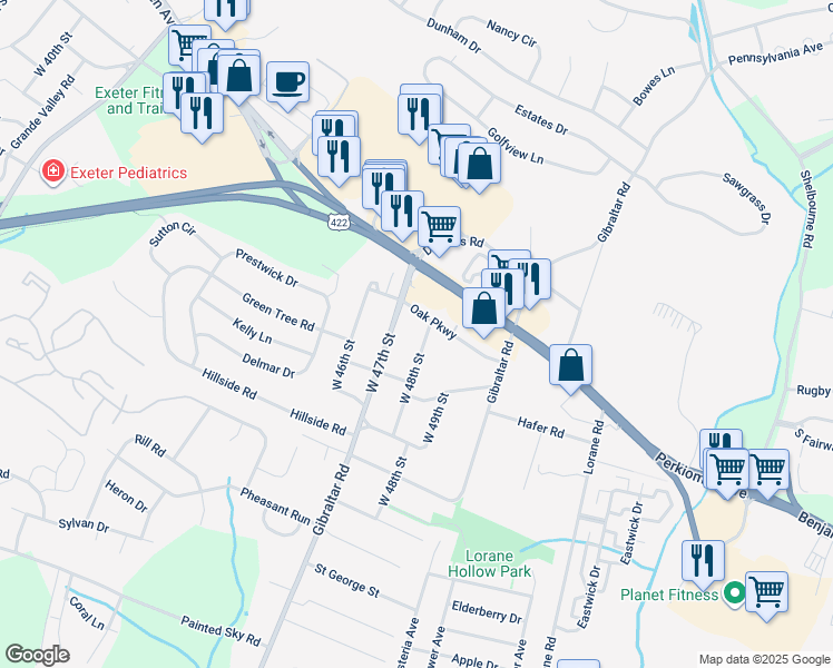 map of restaurants, bars, coffee shops, grocery stores, and more near 110 West 48th Street in Reading