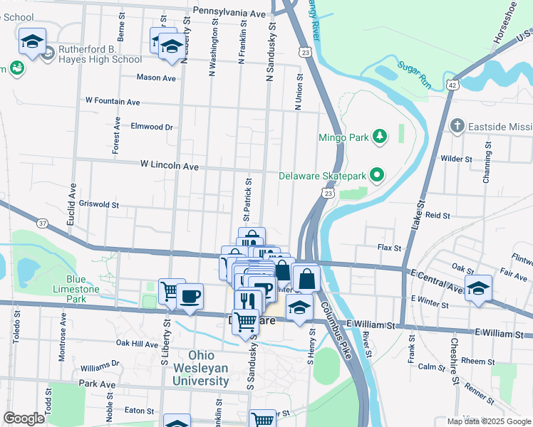map of restaurants, bars, coffee shops, grocery stores, and more near 150 North Sandusky Street in Delaware