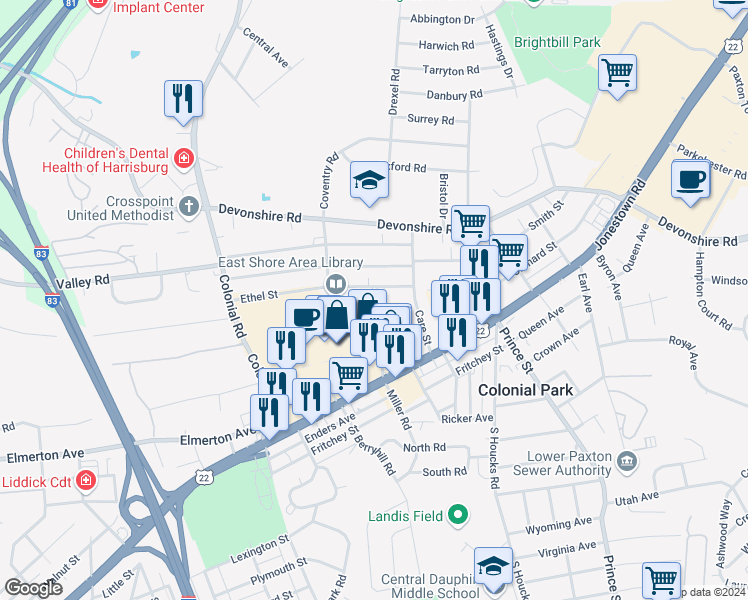 map of restaurants, bars, coffee shops, grocery stores, and more near 4575 Ethel Street in Harrisburg