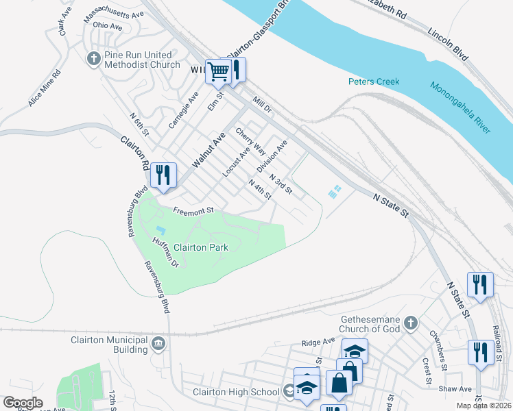 map of restaurants, bars, coffee shops, grocery stores, and more near 414 Mendelsohn Avenue in Clairton