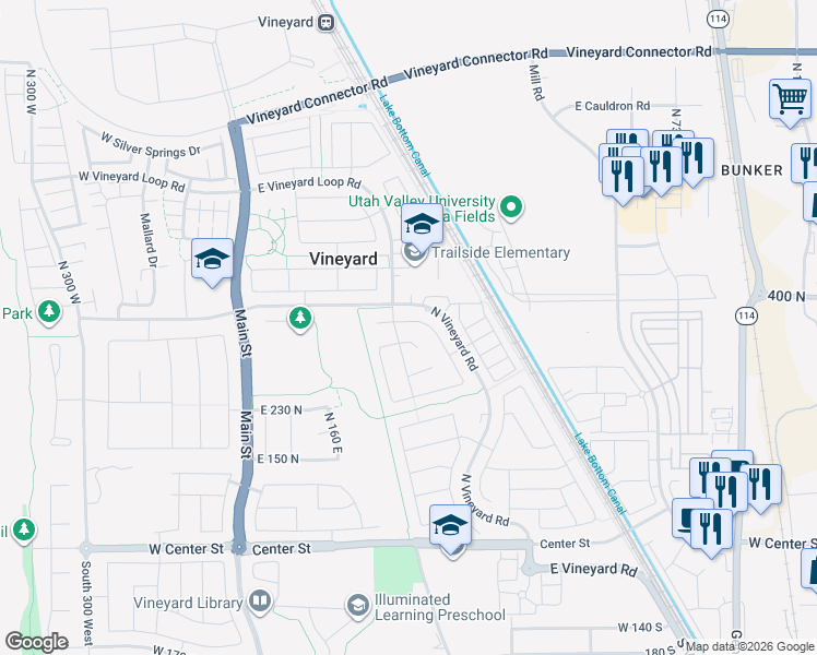 map of restaurants, bars, coffee shops, grocery stores, and more near 282 East 370 North in Vineyard