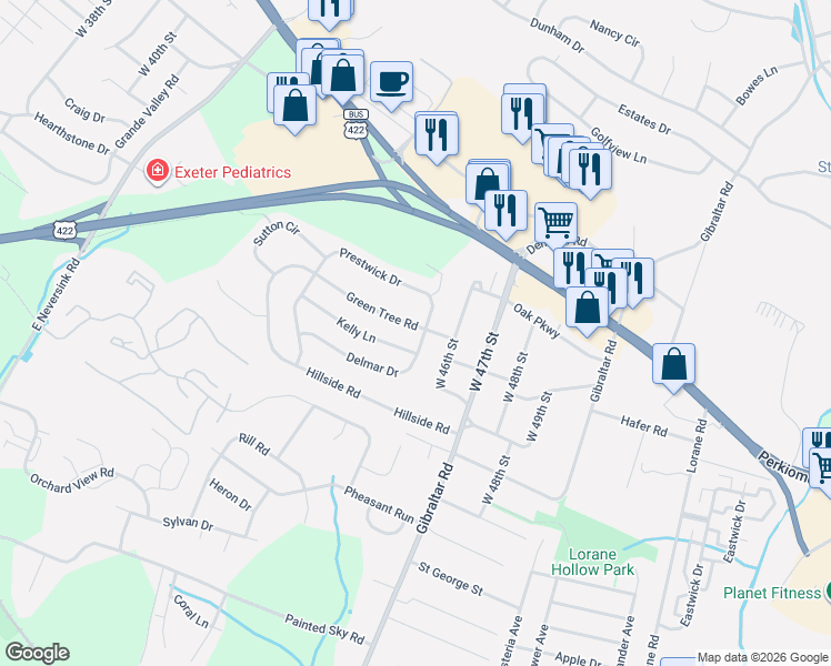 map of restaurants, bars, coffee shops, grocery stores, and more near 4571 Kelly Lane in Reading