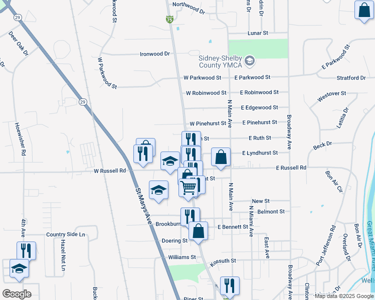 map of restaurants, bars, coffee shops, grocery stores, and more near 1561 Wapakoneta Avenue in Sidney