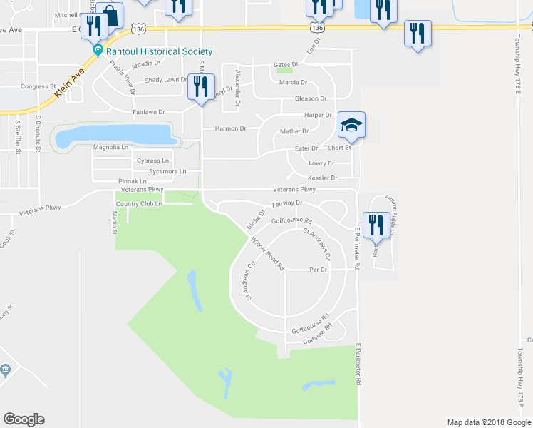 map of restaurants, bars, coffee shops, grocery stores, and more near 603 Birdie Drive in Rantoul
