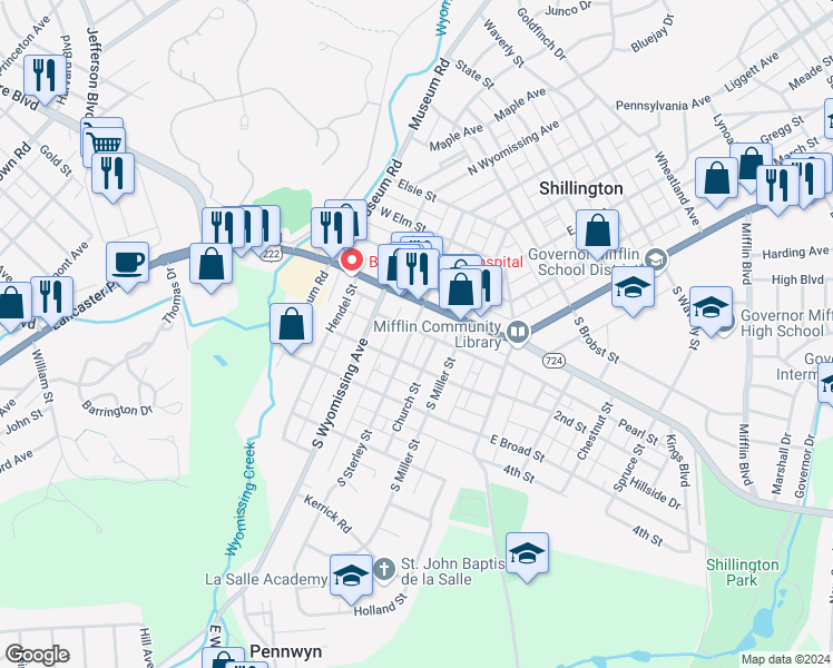 map of restaurants, bars, coffee shops, grocery stores, and more near 31 South Sterley Street in Shillington