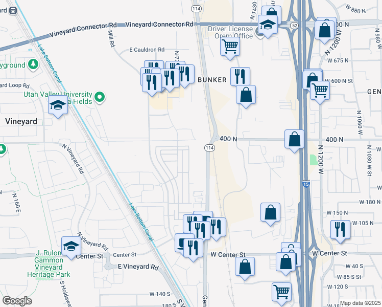 map of restaurants, bars, coffee shops, grocery stores, and more near 352 North 750 East Street in Orem