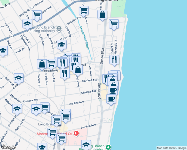 map of restaurants, bars, coffee shops, grocery stores, and more near 54 2nd Avenue in Long Branch