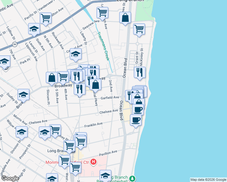 map of restaurants, bars, coffee shops, grocery stores, and more near 54 2nd Avenue in Long Branch