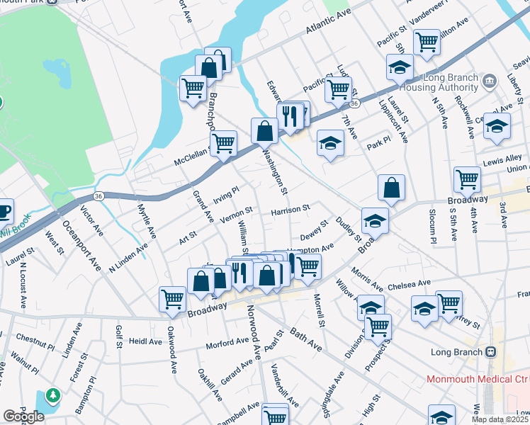 map of restaurants, bars, coffee shops, grocery stores, and more near 108 Branchport Avenue in Long Branch