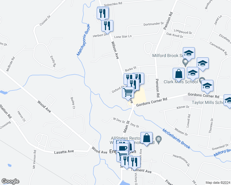 map of restaurants, bars, coffee shops, grocery stores, and more near 56 Oxford Court in Manalapan Township