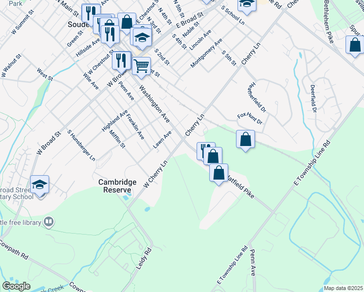 map of restaurants, bars, coffee shops, grocery stores, and more near 130 Souderton Pike in Souderton