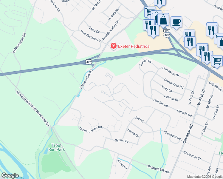 map of restaurants, bars, coffee shops, grocery stores, and more near 30-1 Wister Way in Reading
