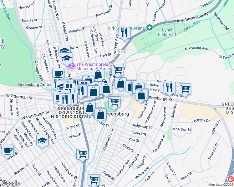 map of restaurants, bars, coffee shops, grocery stores, and more near 235 East Pittsburgh Street in Greensburg