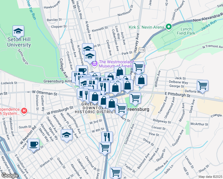map of restaurants, bars, coffee shops, grocery stores, and more near 126 East Otterman Street in Greensburg