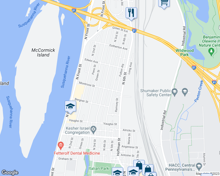 map of restaurants, bars, coffee shops, grocery stores, and more near 306 Montrose St in Harrisburg