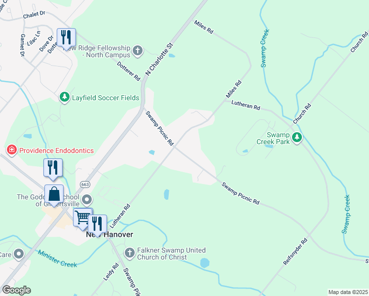 map of restaurants, bars, coffee shops, grocery stores, and more near 557 Swamp Picnic Road in Gilbertsville
