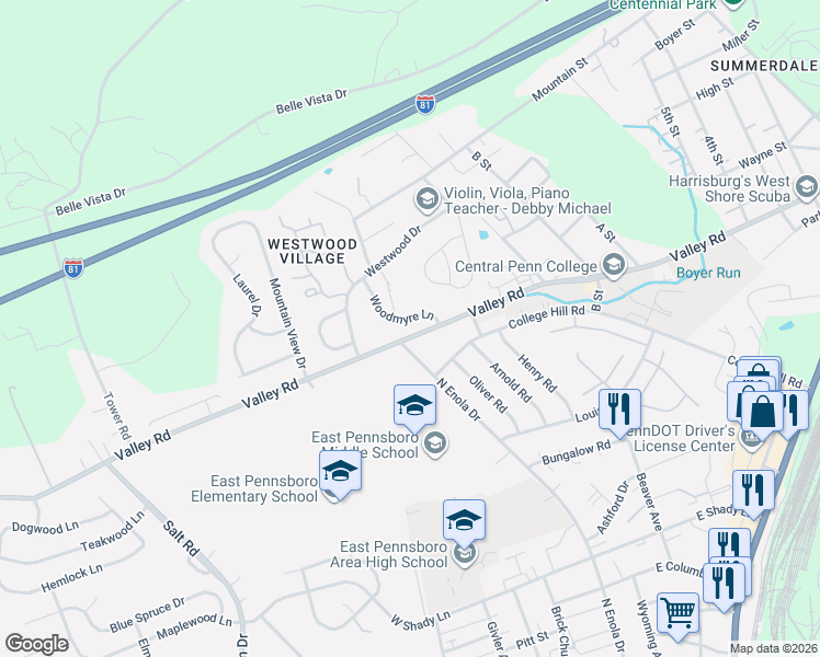 map of restaurants, bars, coffee shops, grocery stores, and more near 35 Woodmyre Lane in Enola