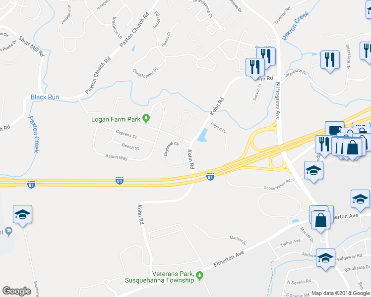 map of restaurants, bars, coffee shops, grocery stores, and more near 1910 Daybreak Circle in Harrisburg
