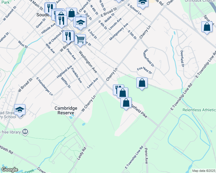 map of restaurants, bars, coffee shops, grocery stores, and more near 130 Souderton Pike in Souderton