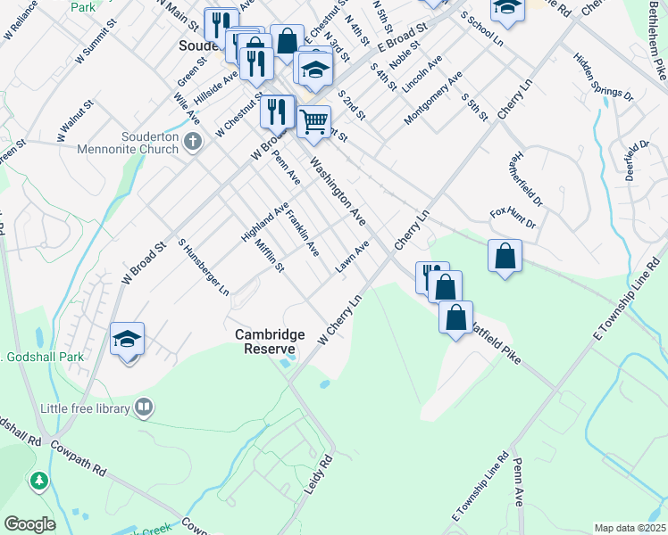 map of restaurants, bars, coffee shops, grocery stores, and more near 247 Franklin Avenue in Souderton