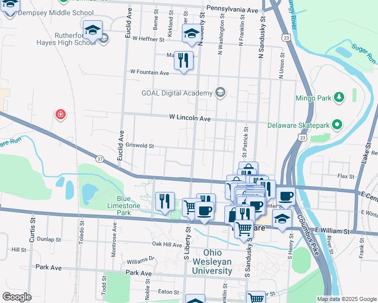 map of restaurants, bars, coffee shops, grocery stores, and more near 143 North Liberty Street in Delaware