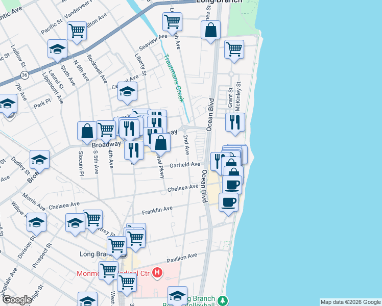 map of restaurants, bars, coffee shops, grocery stores, and more near 54 2nd Avenue in Long Branch