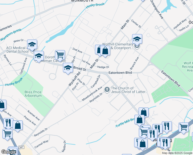 map of restaurants, bars, coffee shops, grocery stores, and more near 5 Campbell Drive in Eatontown