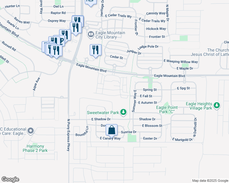 map of restaurants, bars, coffee shops, grocery stores, and more near 1828 East Eagle View Lane in Eagle Mountain